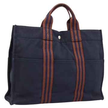 HERMES Fourre Tout MM Hand Bag Cotton Navy Silver Auth BA15062