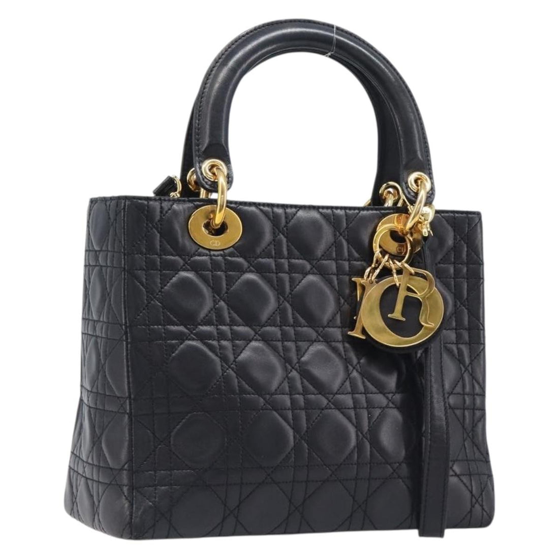 Christian Dior Canage Handbag Lamb Skin 2way Black Gold