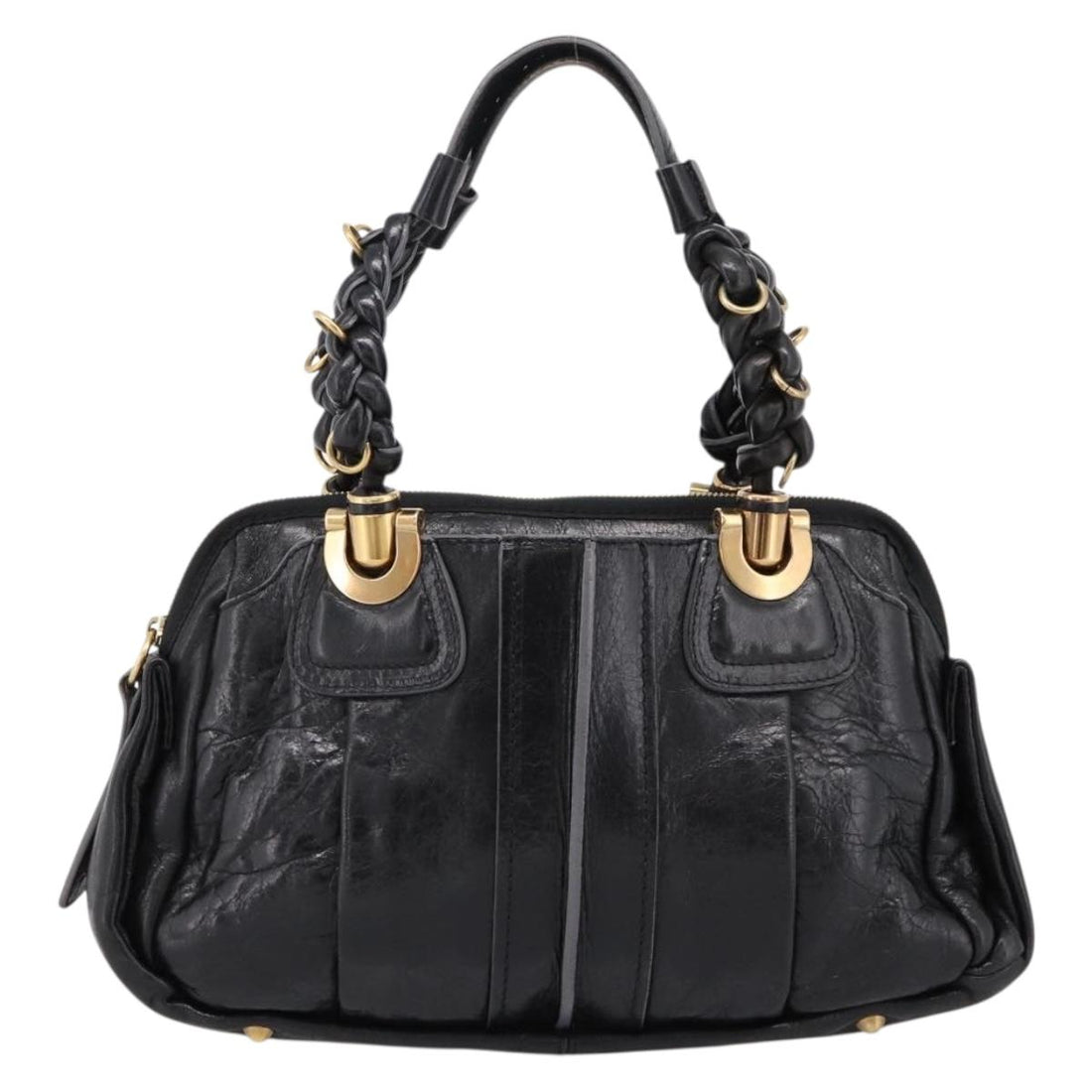 Chloe Hand Bag Leather Black Gold Tone Auth ep15756A