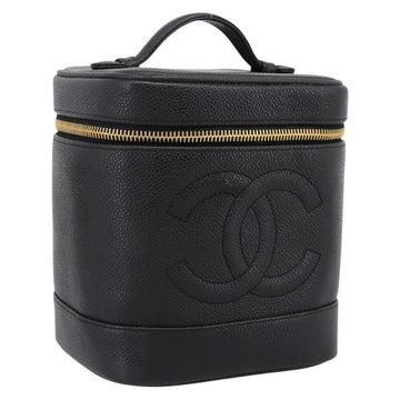 CHANEL COCO Mark Vanity Hand Bag Caviar Skin Black Gold CC Auth 198746V