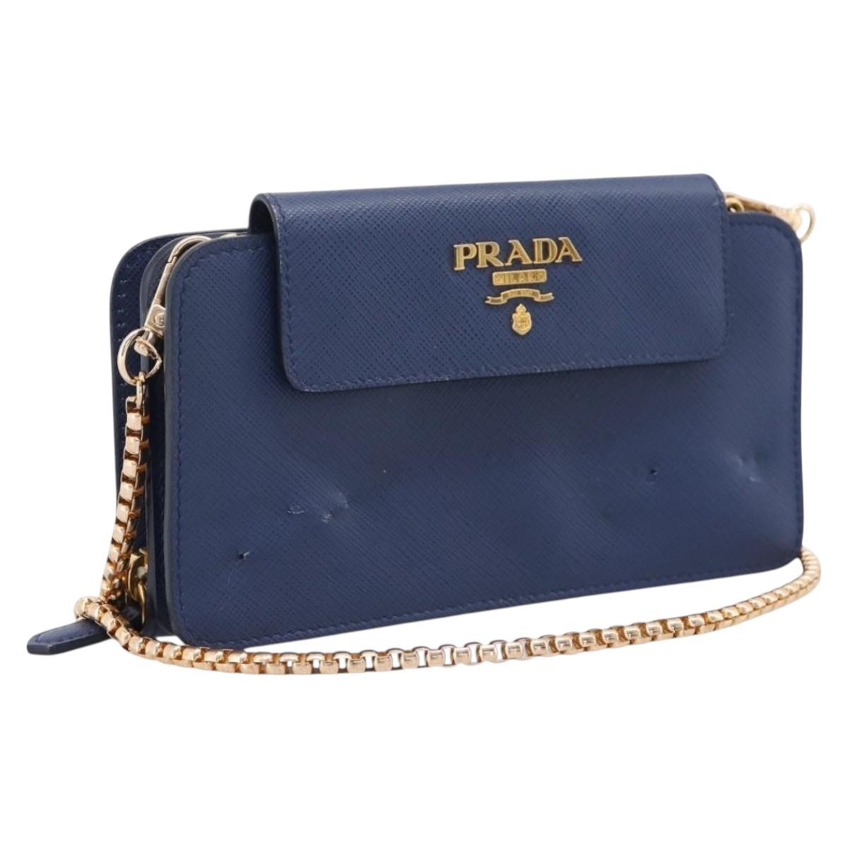 Prada Chain Shoulder Wallet Safiano Leather Blue Gold