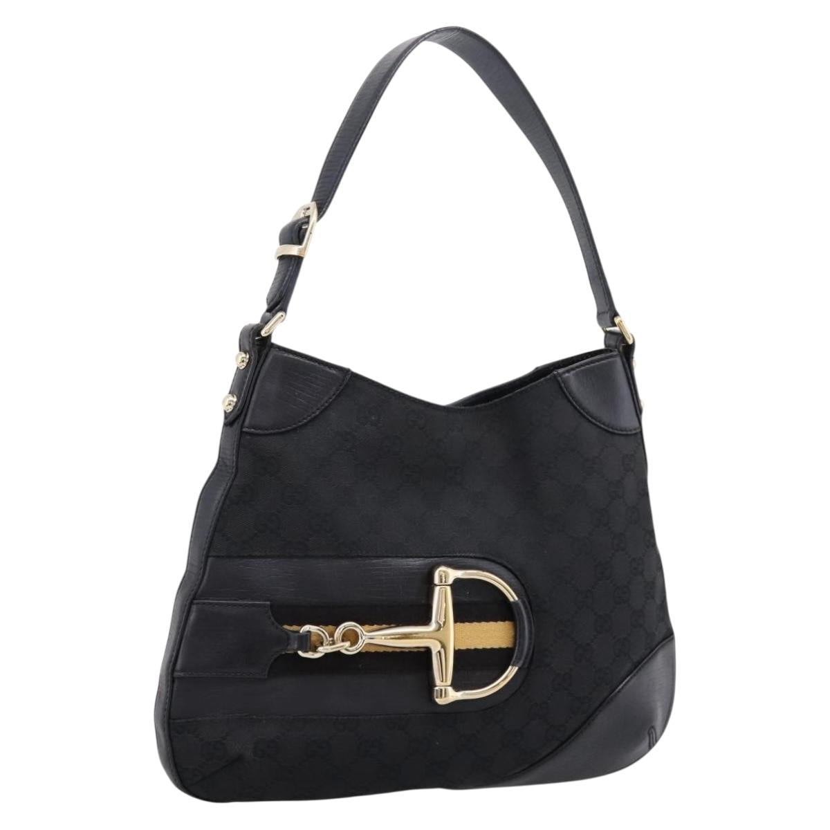Gucci Horsebit GG Canvas Shoulder Bag Black Gold