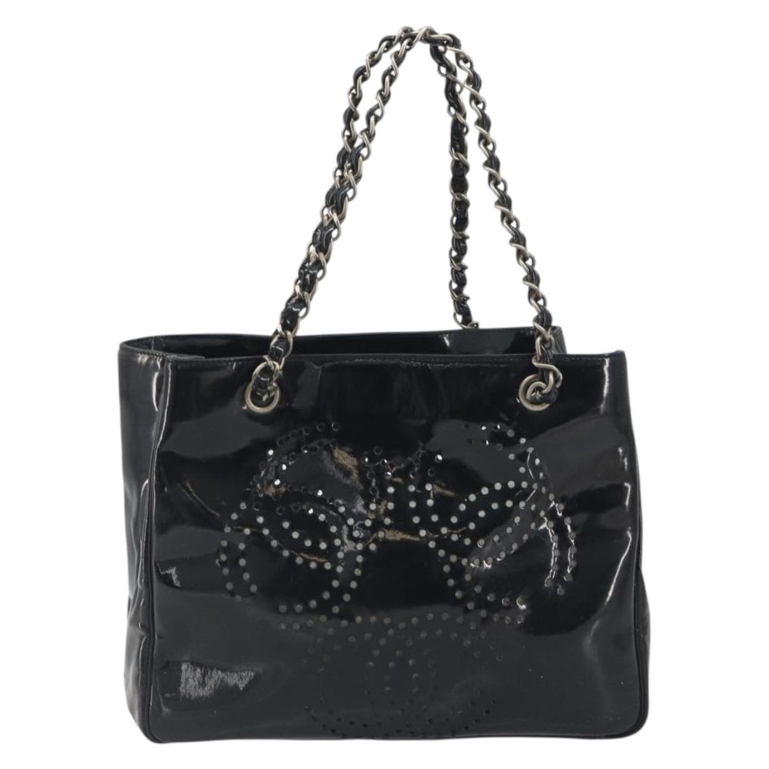 CHANEL Chain Tote Bag Patent Black Silver CC Auth BA14897