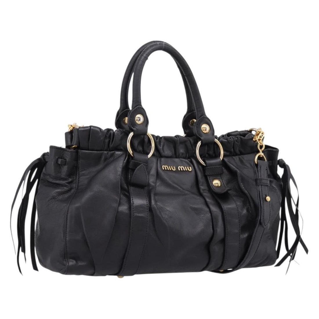 Miu Miu Vitellolux Hand Bag Leather 2way Black Gold Tone Auth 196431