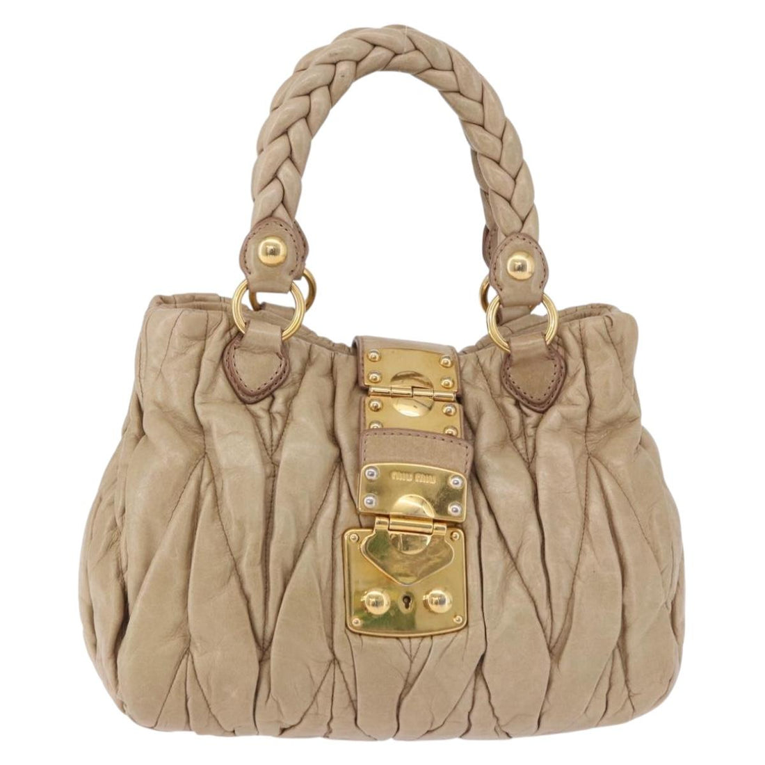 Miu Miu Matelasse Hand Bag Leather Beige Gold Tone Auth 198527A