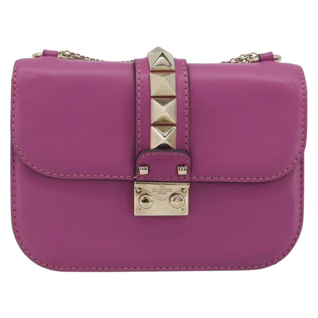 VALENTINO Studs Chain Shoulder Bag Leather Pink Gold Tone Auth BA14809A