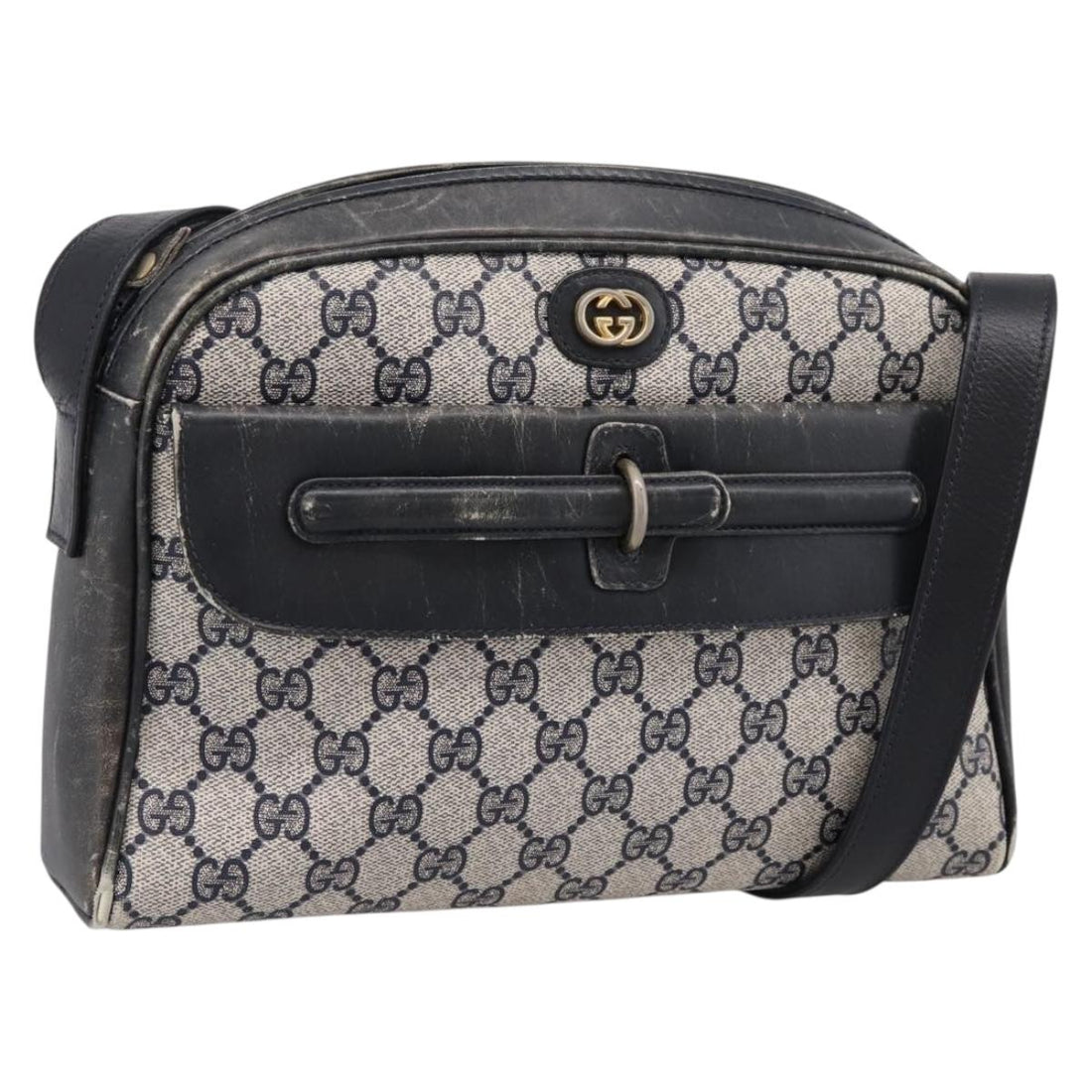 GUCCI GG Supreme Shoulder Bag PVC Navy Gold Auth 198291