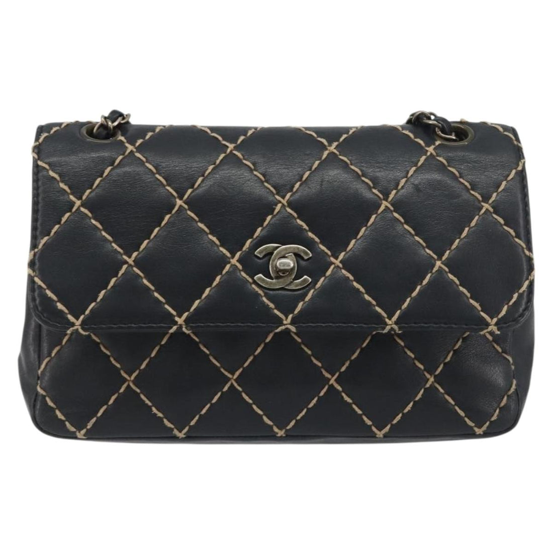 CHANEL Wild Stitch Chain Shoulder Bag Leather Black Gold CC Auth 198302V