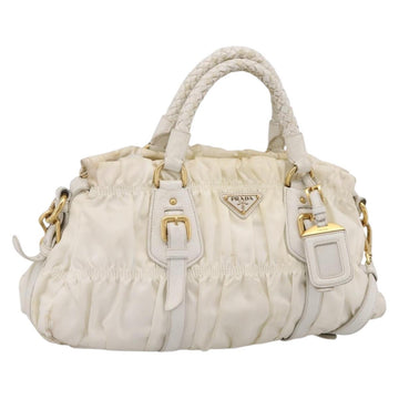 PRADA Gathered Hand Bag Nylon 2way White Gold Tone Auth 198464