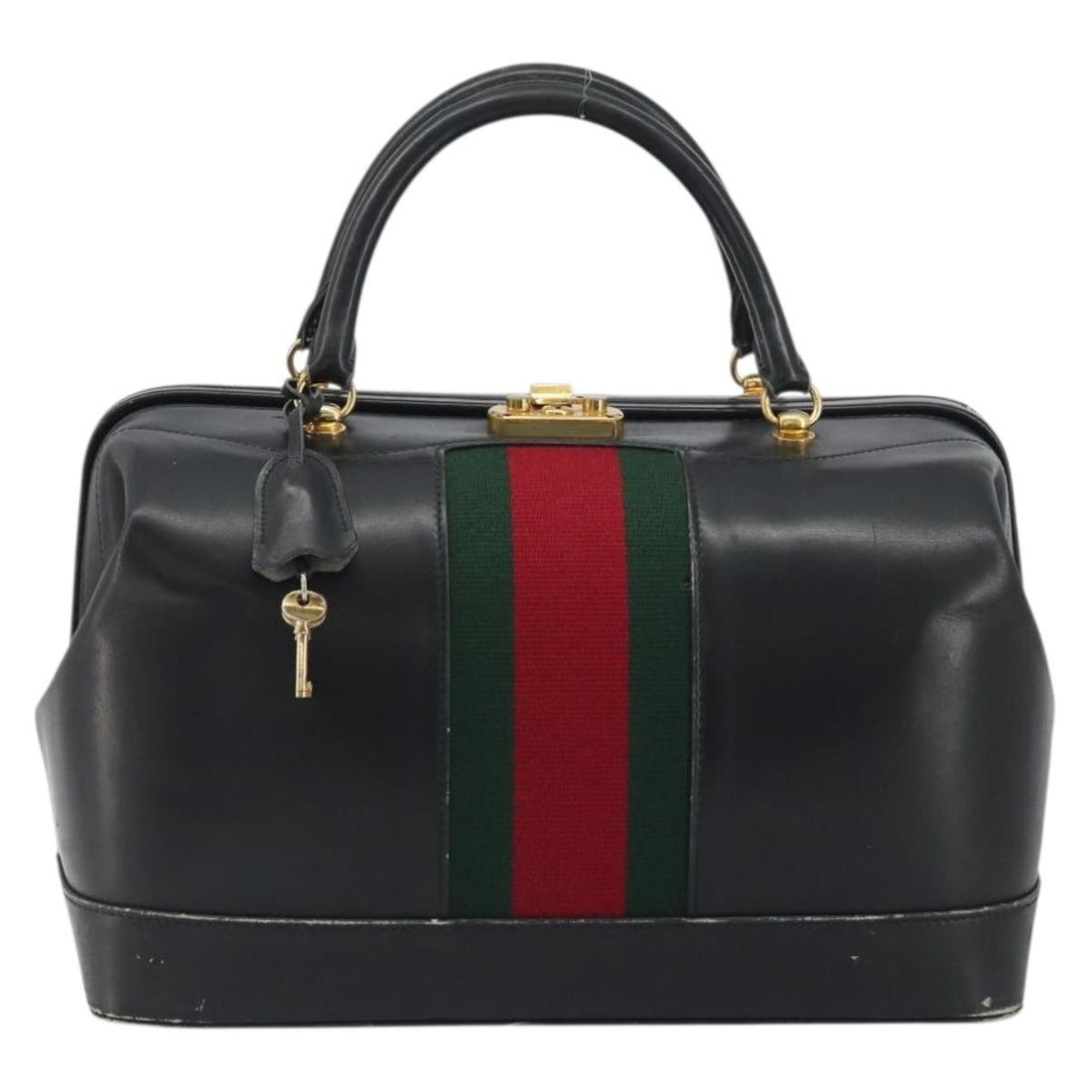 GUCCI Web Sherry Line Boston Bag Leather Black Gold Auth 197480