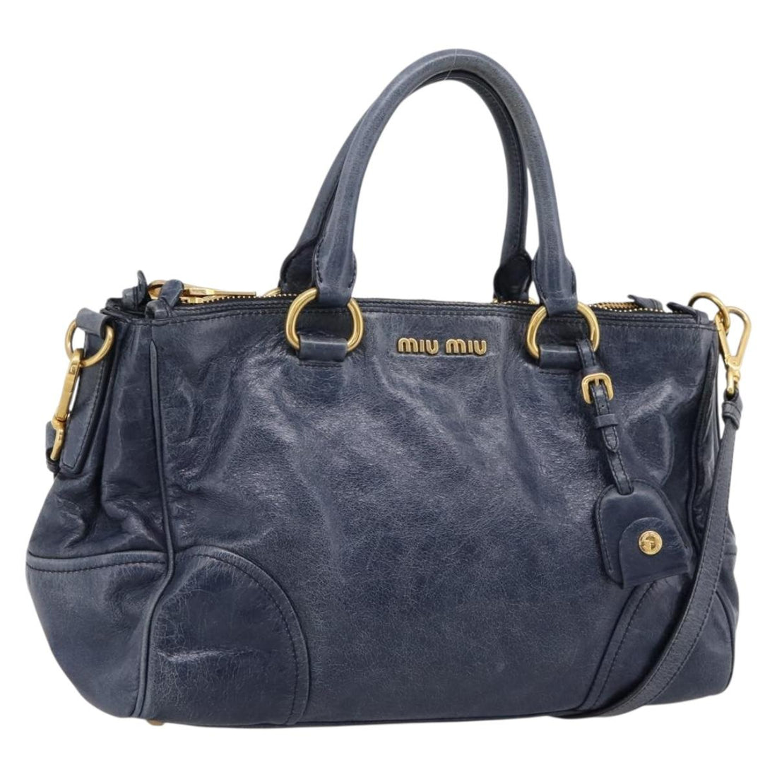 Miu Miu Hand Bag Vitellolux 2way Navy Gold Auth 198706A