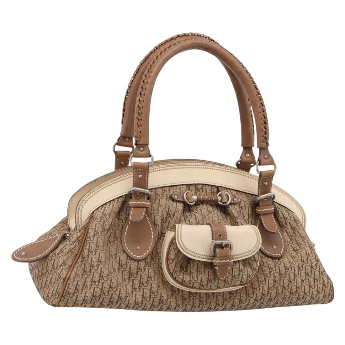 Christian Dior Street Chic Trotter Canvas Handbag Beige Silver
