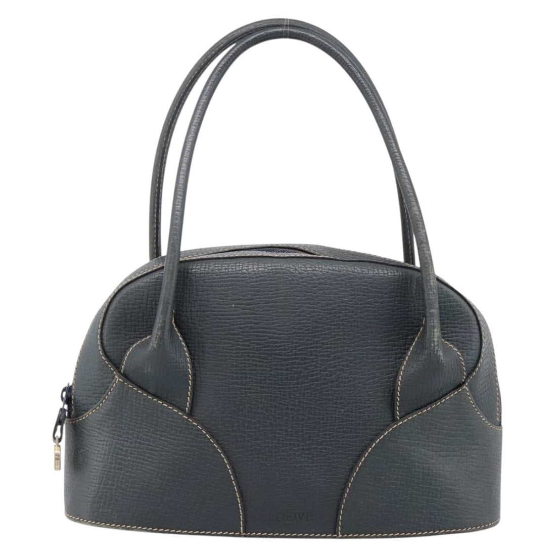 LOEWE Hand Bag Leather Navy Gold Tone Auth ep15784