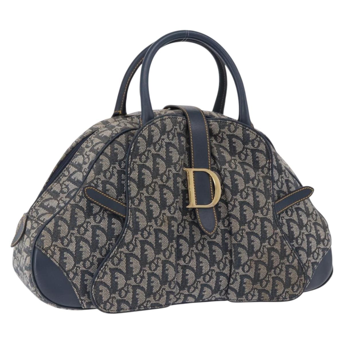 Christian Dior Trotter Canvas Double Saddle Handbag Navy Gold Tone