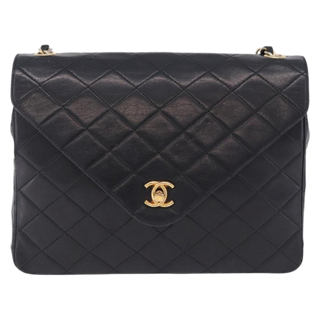 CHANEL Matelasse Chain Shoulder Bag Lamb Skin Black Gold Tone CC Auth 198373V