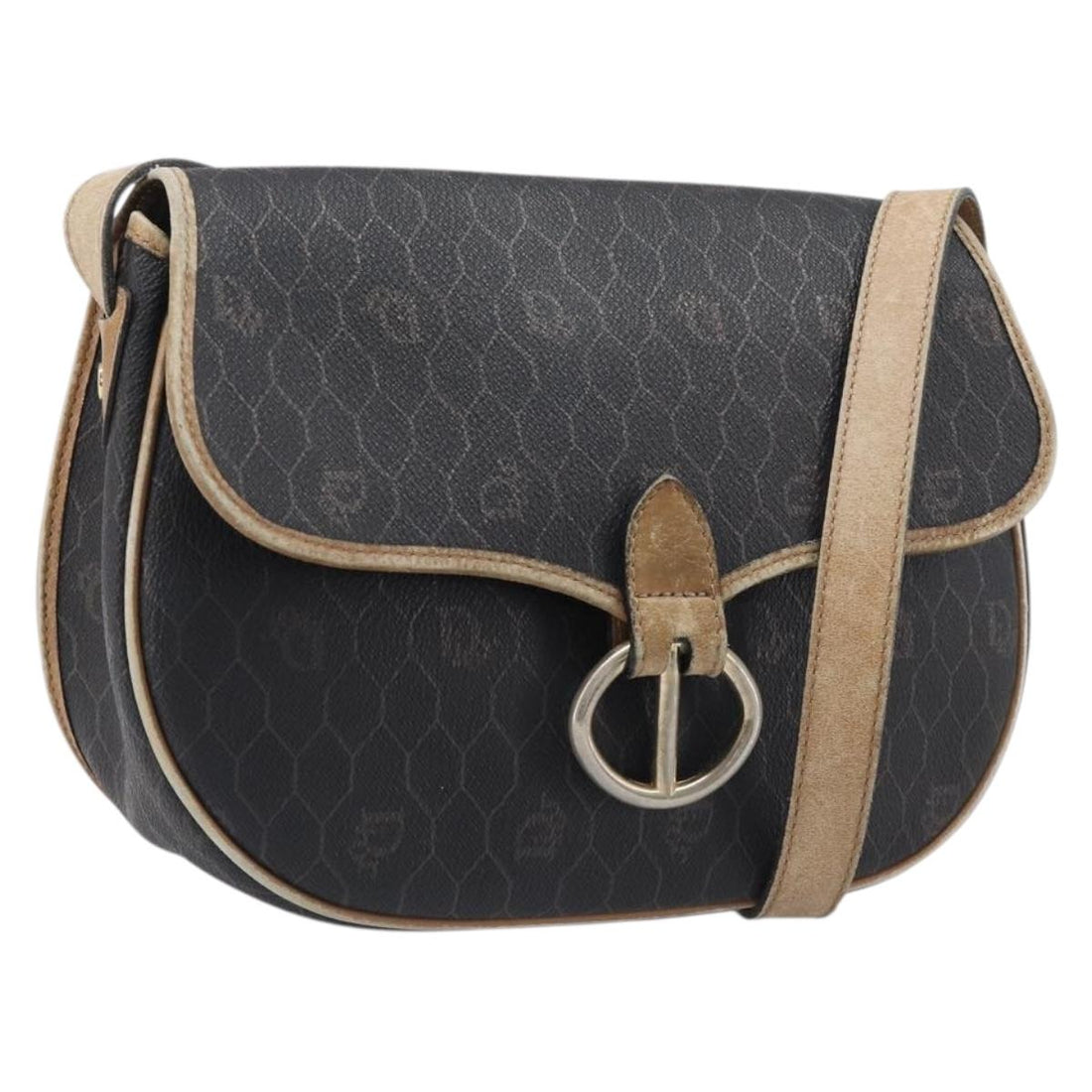 Christian Dior Honeycomb Shoulder Bag PVC Leather Black Gold Tone