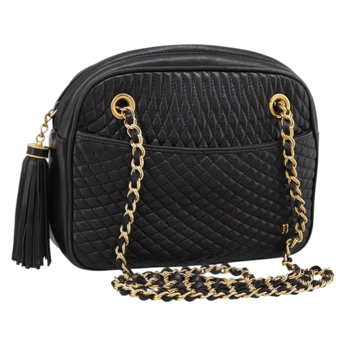 BALLY Chain Shoulder Bag Leather Black Gold Tone Auth 196400A