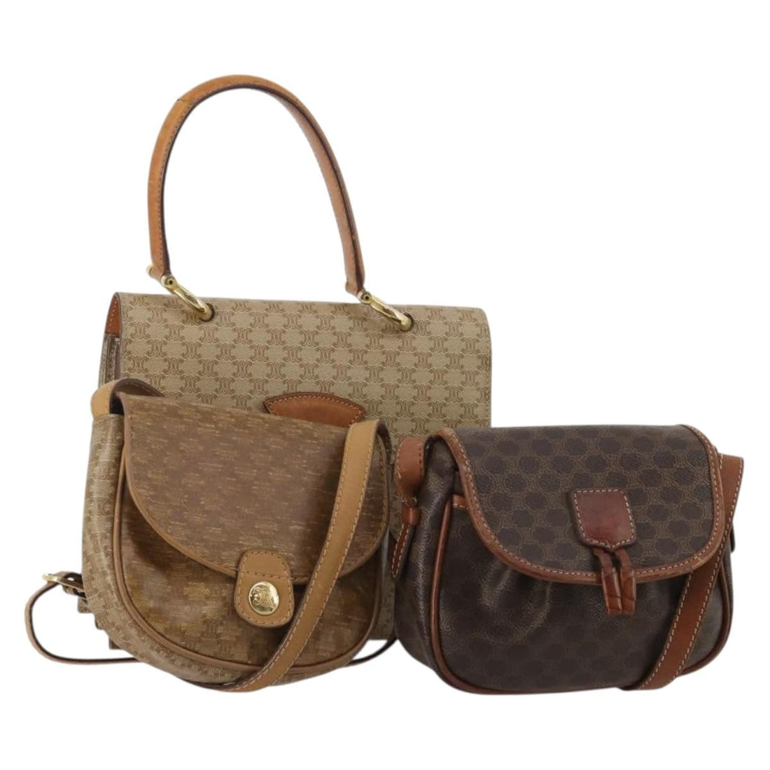 CELINE Macadam Shoulder Bag PVC 3 Set Brown Beige Auth BA15063