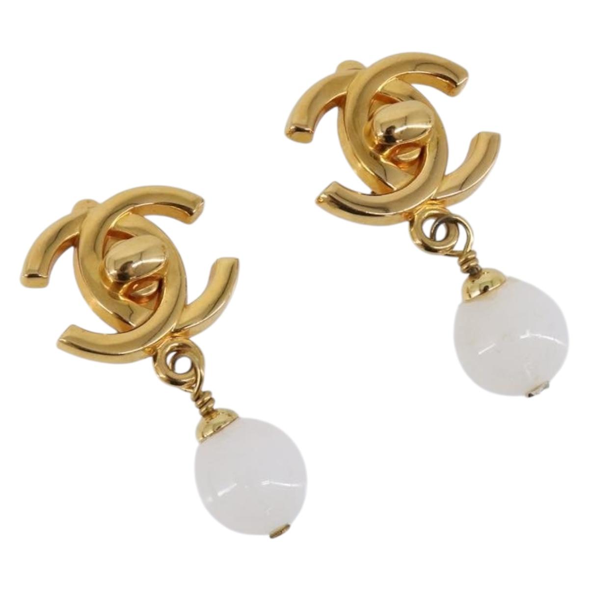 Chanel Earring Metal Gold Tone White CC