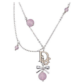 Christian Dior Ribbon Necklace Metal Silver Pink Auth am12310M