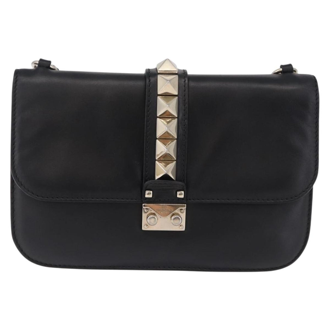 VALENTINO Studs Chain Shoulder Bag Leather Black Gold Tone Auth BA14768A