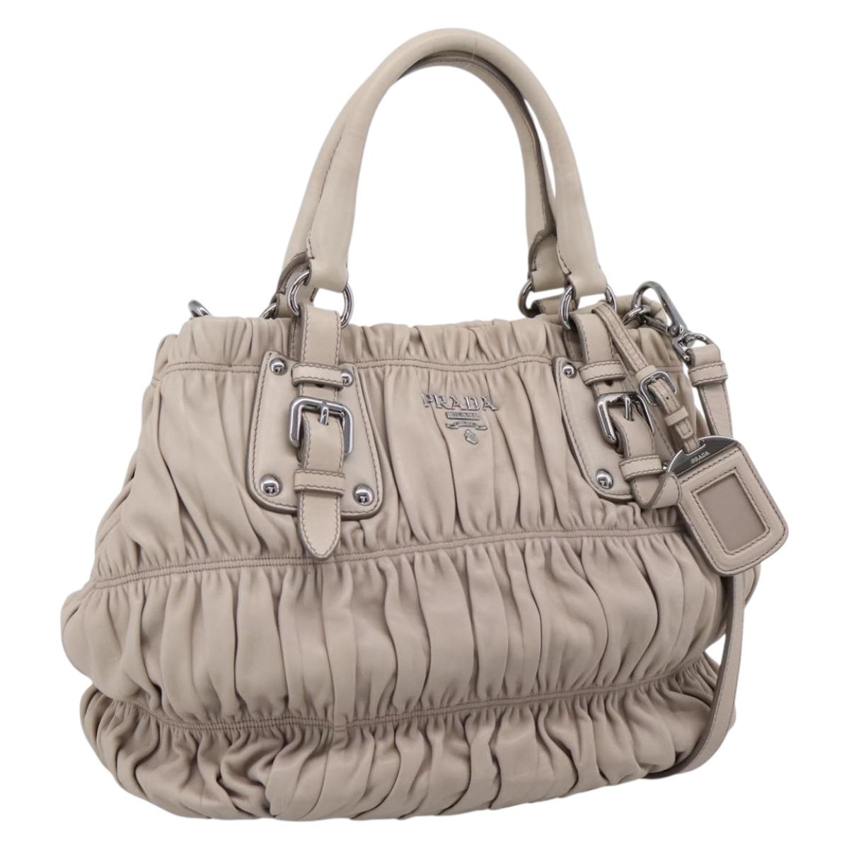 Prada Gathered Handbag Leather 2way Beige Silver
