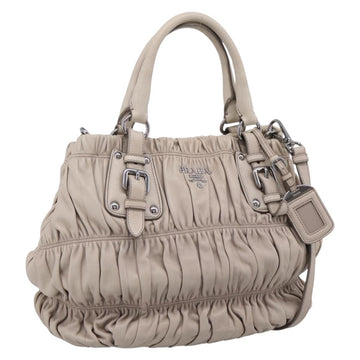 Prada Gathered Handbag Leather 2way Beige Silver