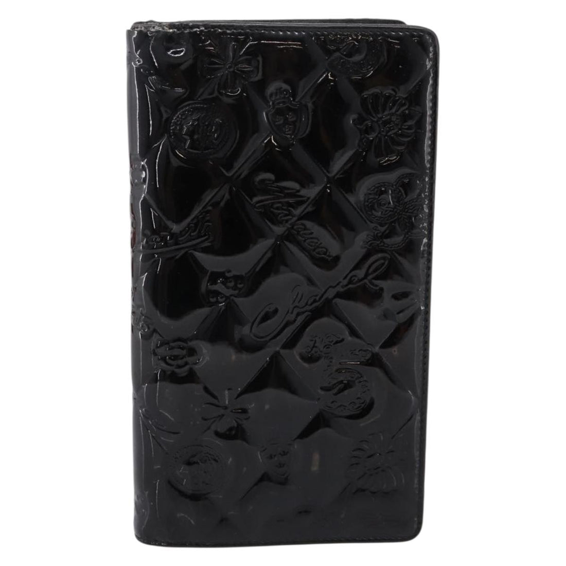 CHANEL Icon line Long Wallet Patent leather Black CC Auth 198760