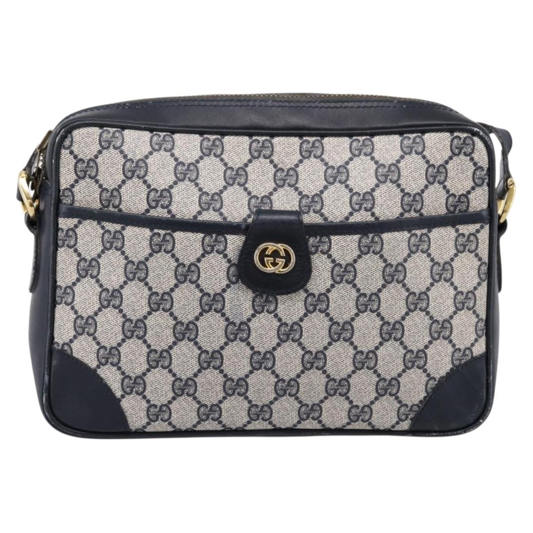 GUCCI GG Supreme Shoulder Bag PVC Navy Gold Auth ka5710