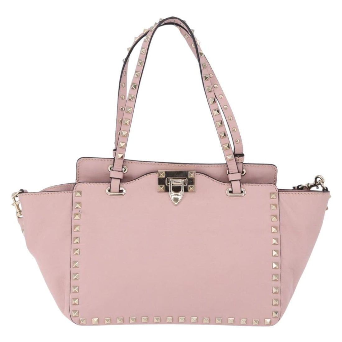 VALENTINO Studs Tote Bag Leather 2way Pink Gold Tone Auth BA14769