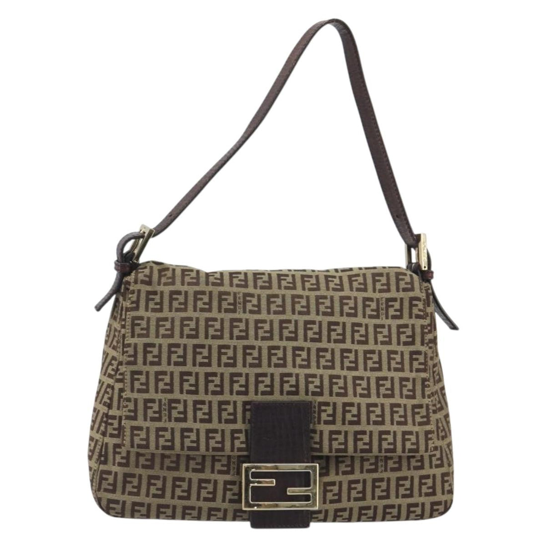 FENDI Zucchino Canvas Mamma Baguette Shoulder Bag Beige Gold Auth 197308V