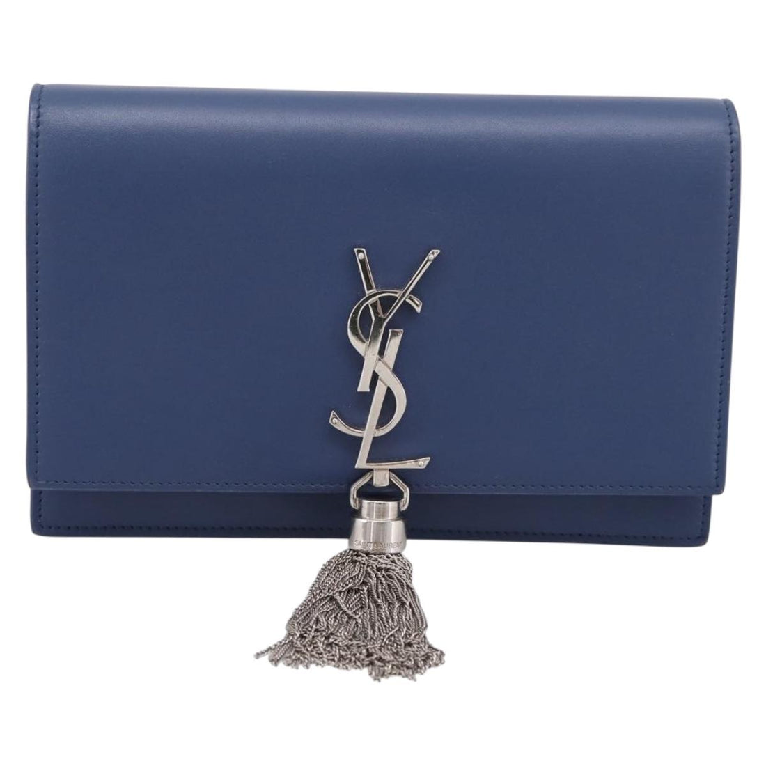SAINT LAURENT Kate Chain Shoulder Wallet Leather Navy Silver Auth ka5752V