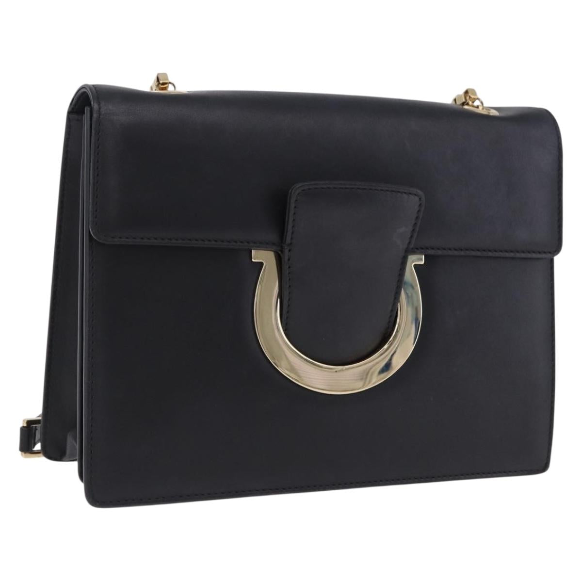 Salvatore Ferragamo Gancini Chain Shoulder Bag Leather Black Gold