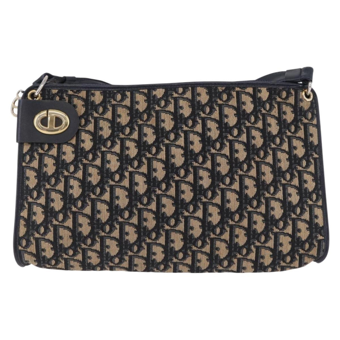 Christian Dior Trotter Canvas Shoulder Bag Navy Gold Tone Auth BA14771