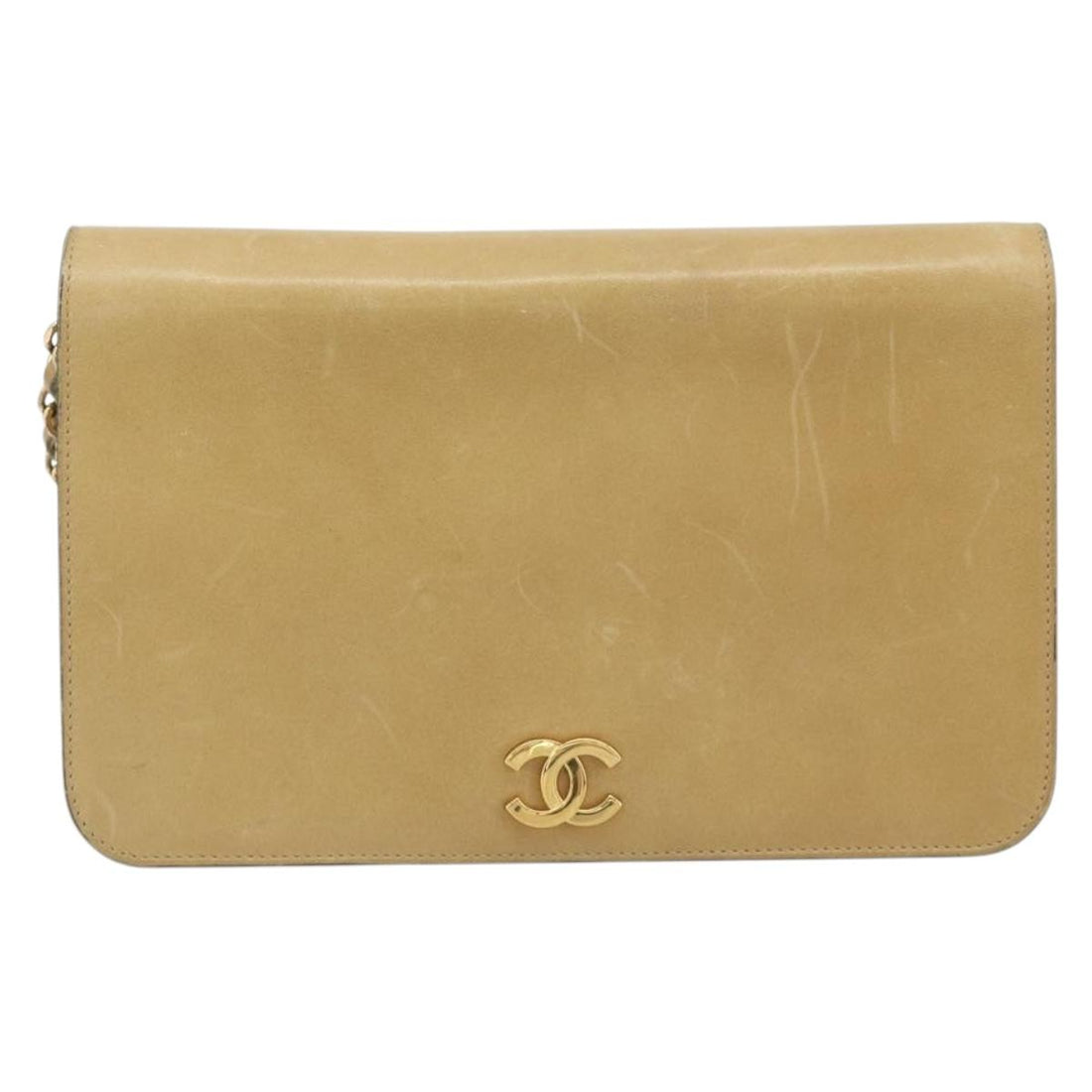 CHANEL Matelasse Chain Shoulder Bag Leather Beige Gold CC Auth ka5721