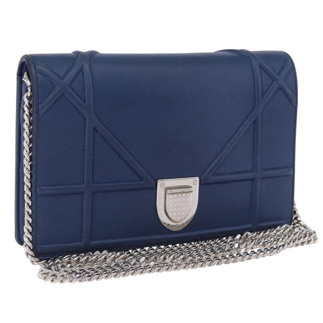 Christian Dior Diorama Chain Shoulder Bag Leather Blue Silver