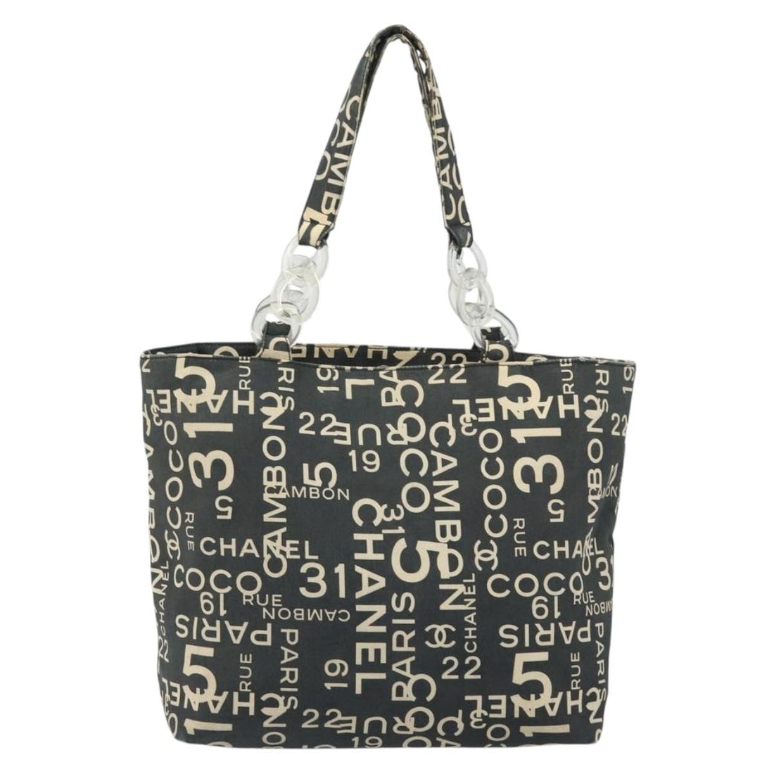 CHANEL Vichy Line Tote Bag Canvas Black Silver CC Auth 198686