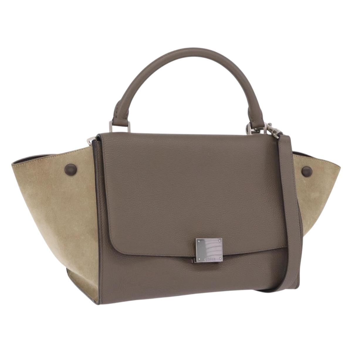 Celine Trapeze Handbag Suede Leather 2way Beige Silver