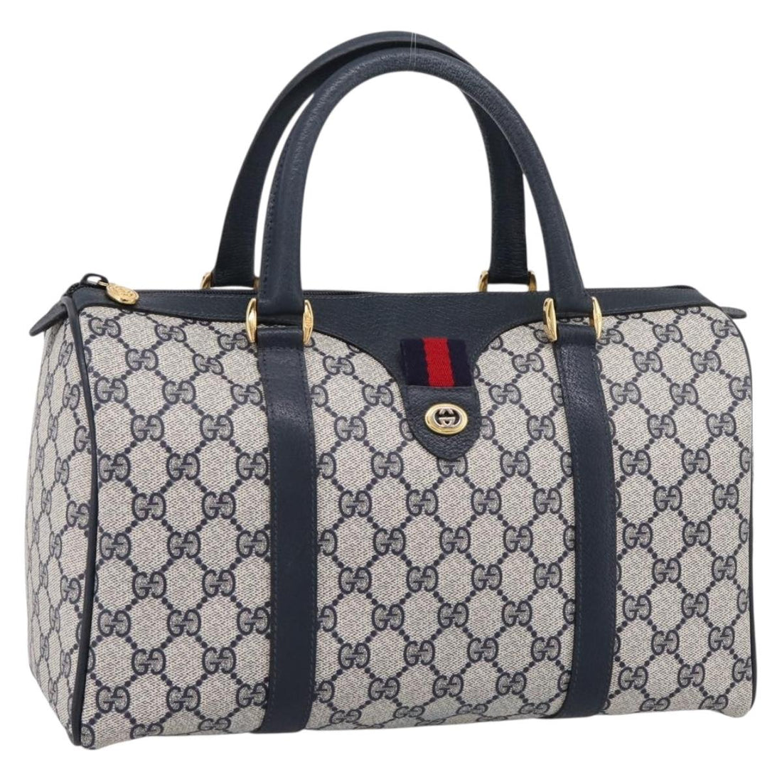 GUCCI GG Supreme Sherry Line Boston Bag PVC Navy Gold 40 02 007 Auth 198342