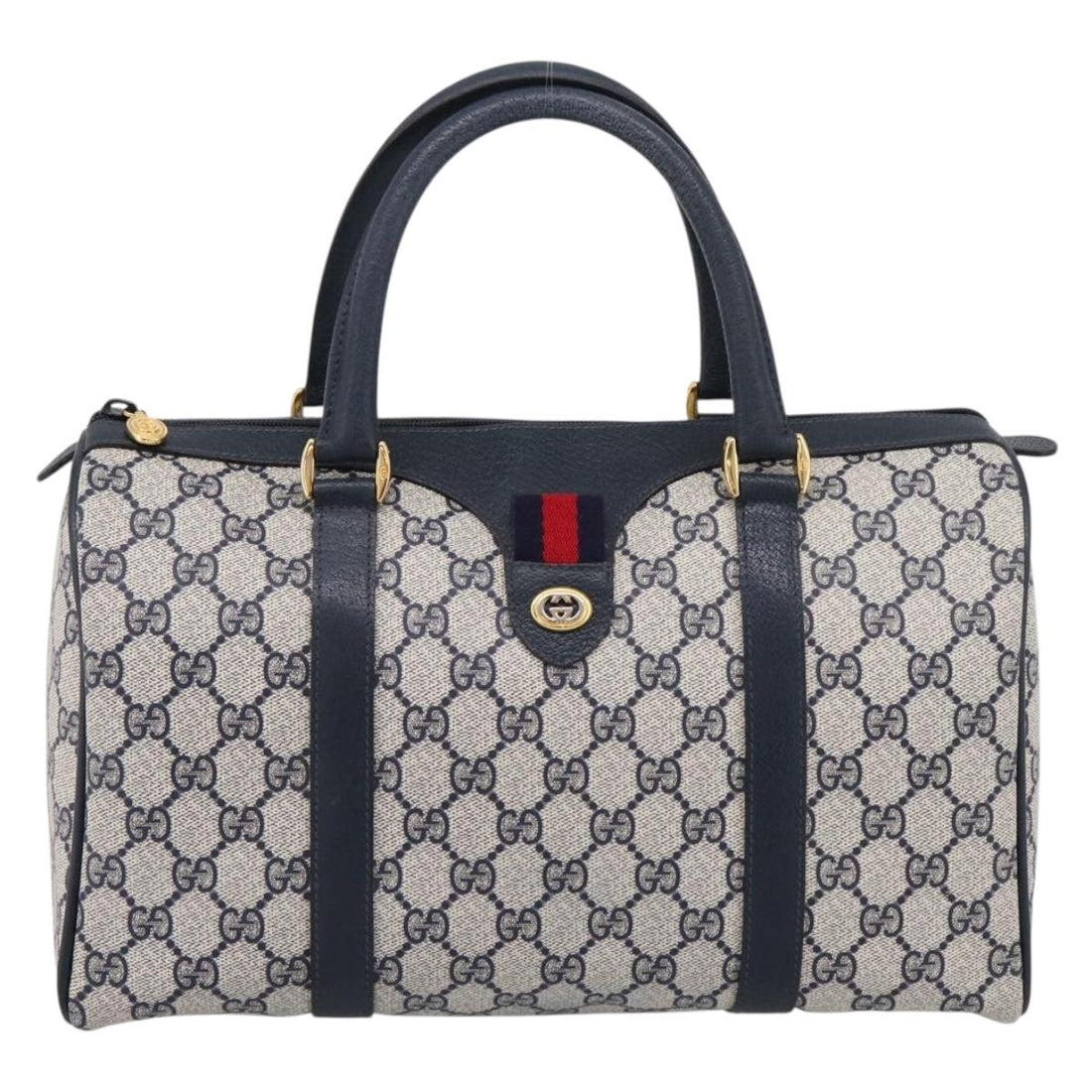 GUCCI GG Supreme Sherry Line Boston Bag PVC Navy Gold 40 02 007 Auth 198342