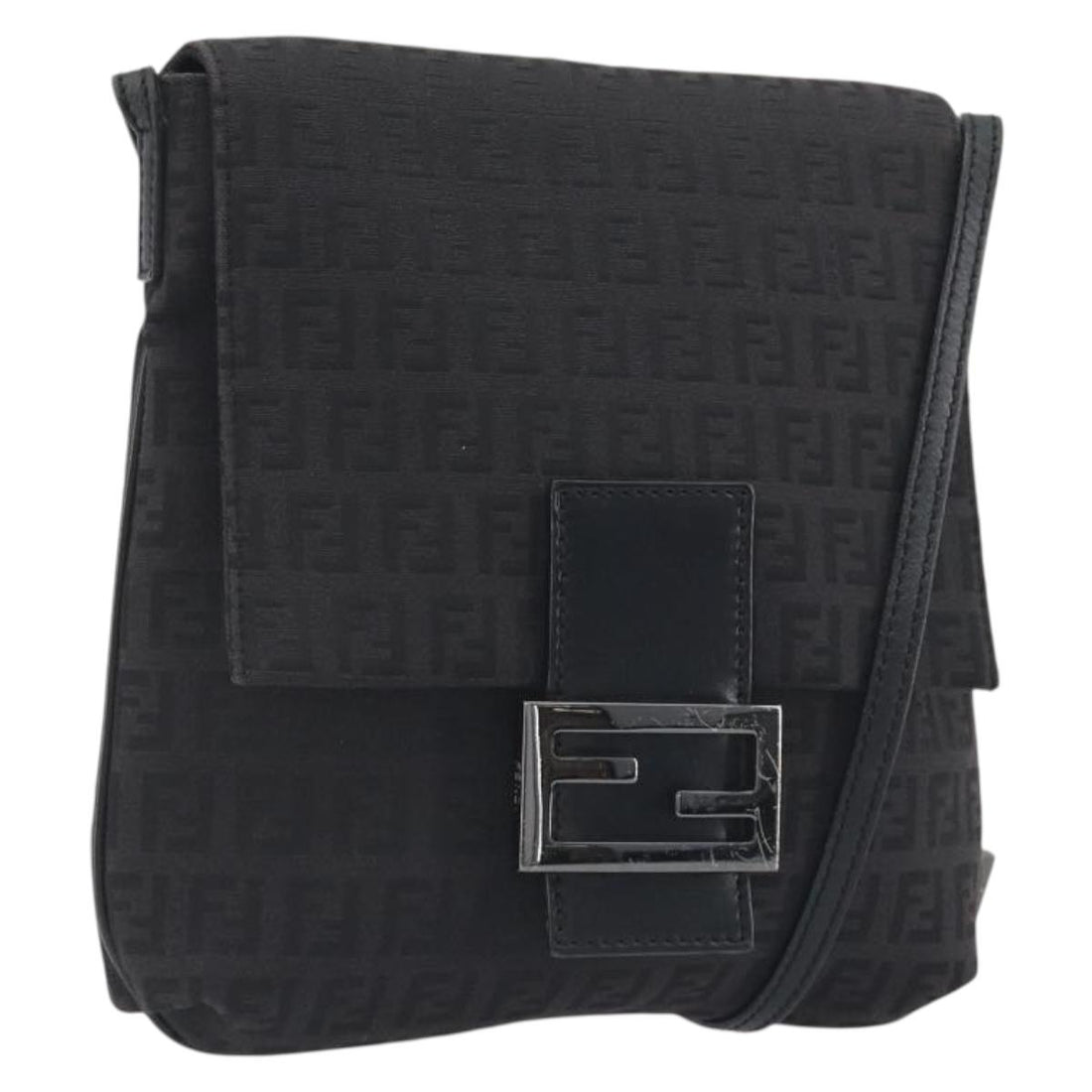 FENDI Zucchino Canvas Mamma Baguette Shoulder Bag Black Auth 198707A