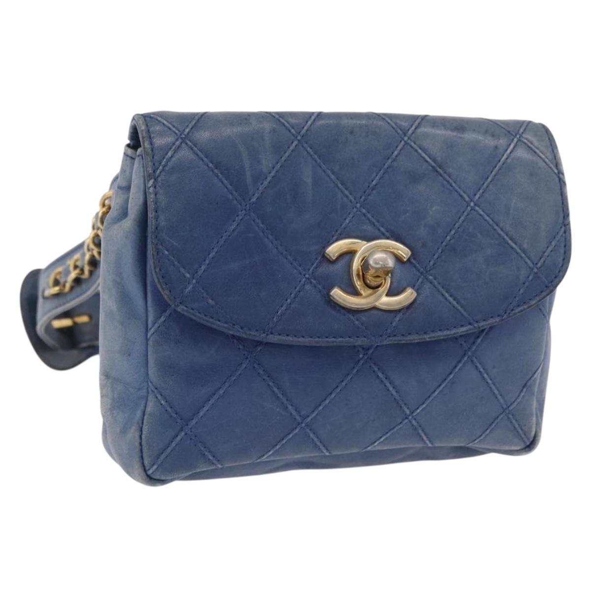 Chanel Bicolore Waist Bag Leather Blue Gold CC