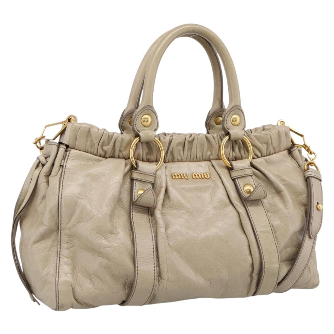 Miu Miu Hand Bag Leather 2way Beige Gold RT0383 Auth am12392V