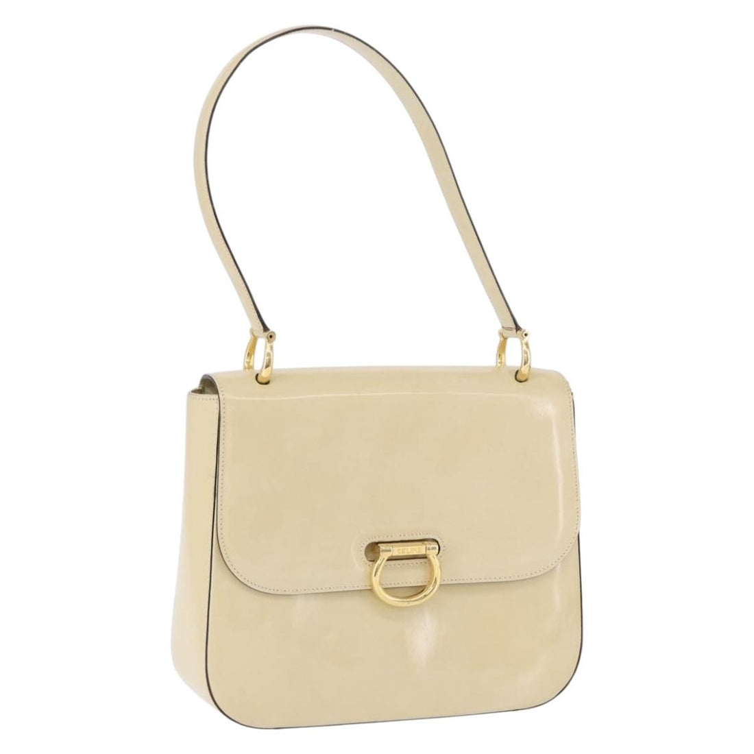 CELINE Shoulder Bag Patent Beige Gold Tone Auth 198345A