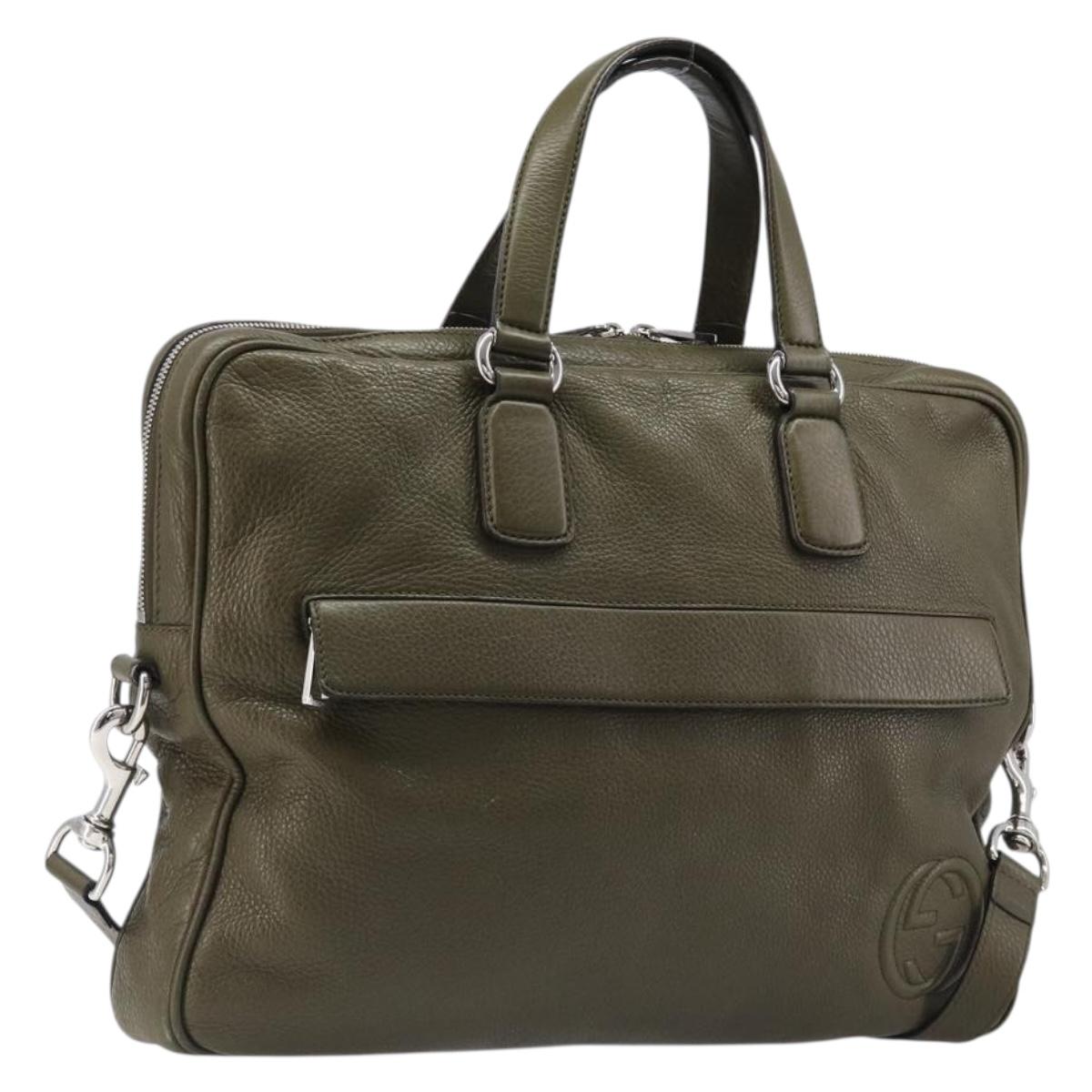 Gucci Business Bag Leather 2way Khaki Silver