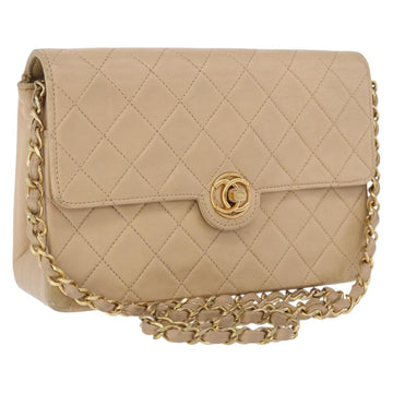 CHANEL Matelasse Chain Shoulder Bag Leather Beige Gold CC Auth BA15089A