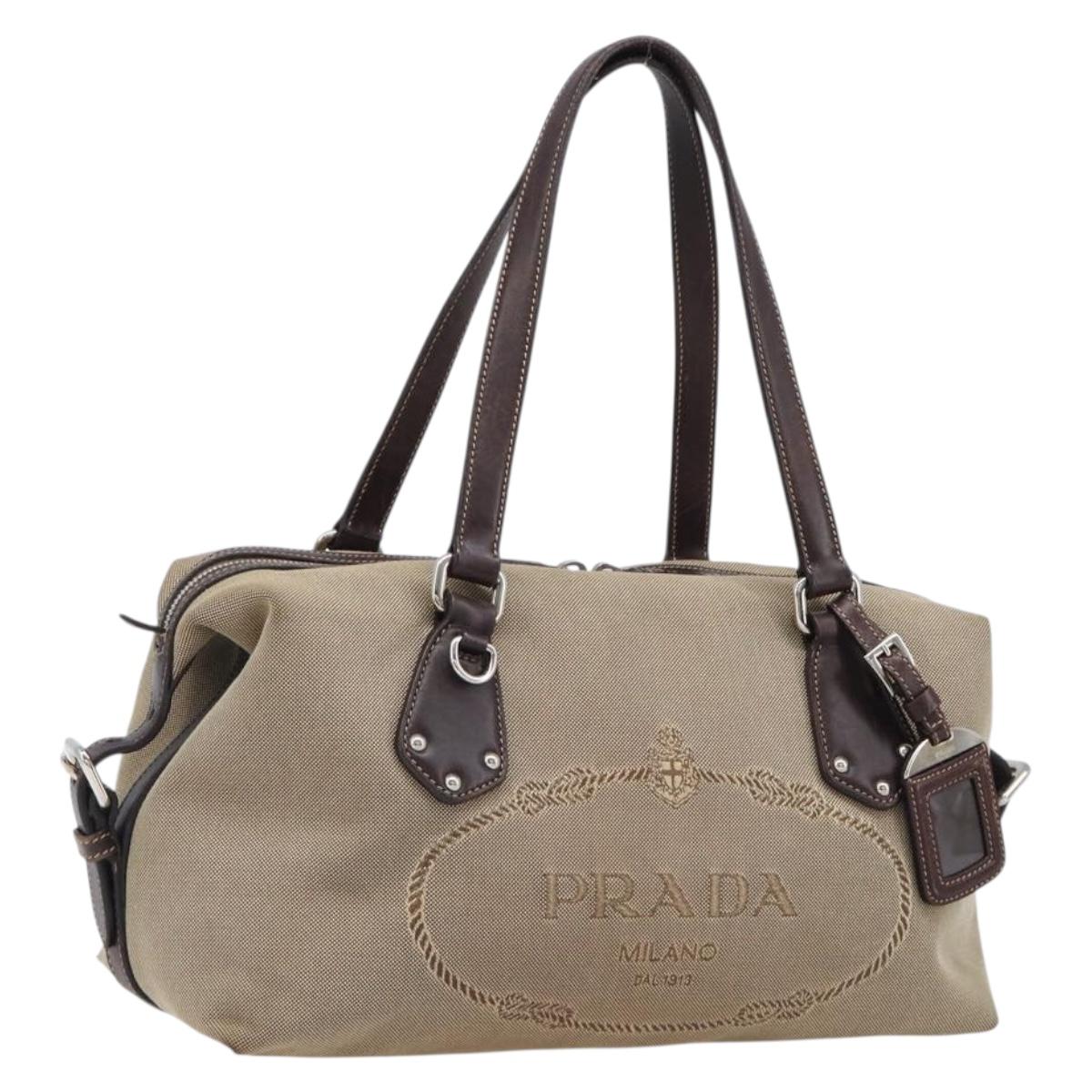 Prada Shoulder Bag Canvas Beige Silver