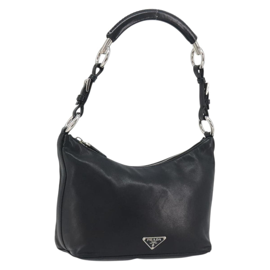PRADA Hand Bag Leather Black Silver Auth 197326V