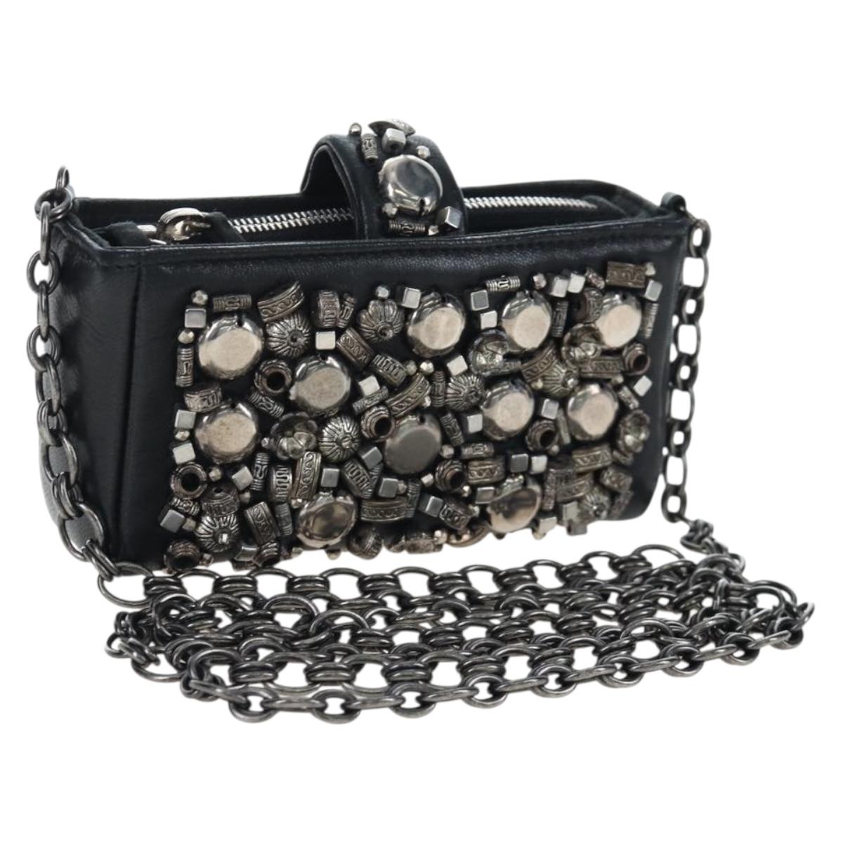 Chanel Chain Shoulder Pouch Lamb Skin Black Silver CC