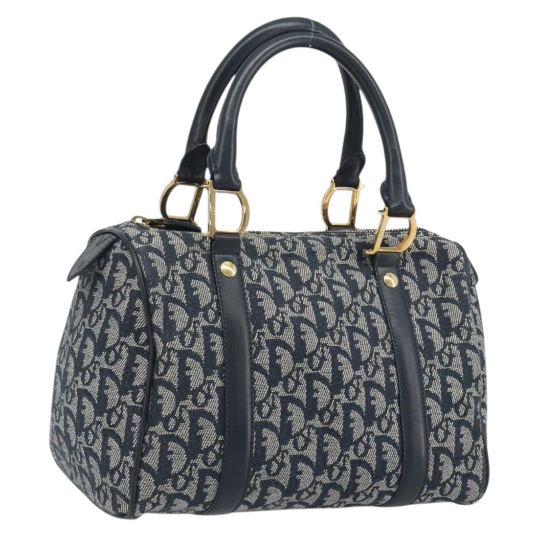 Christian Dior Trotter Canvas Boston Bag Navy Gold Auth 197320V